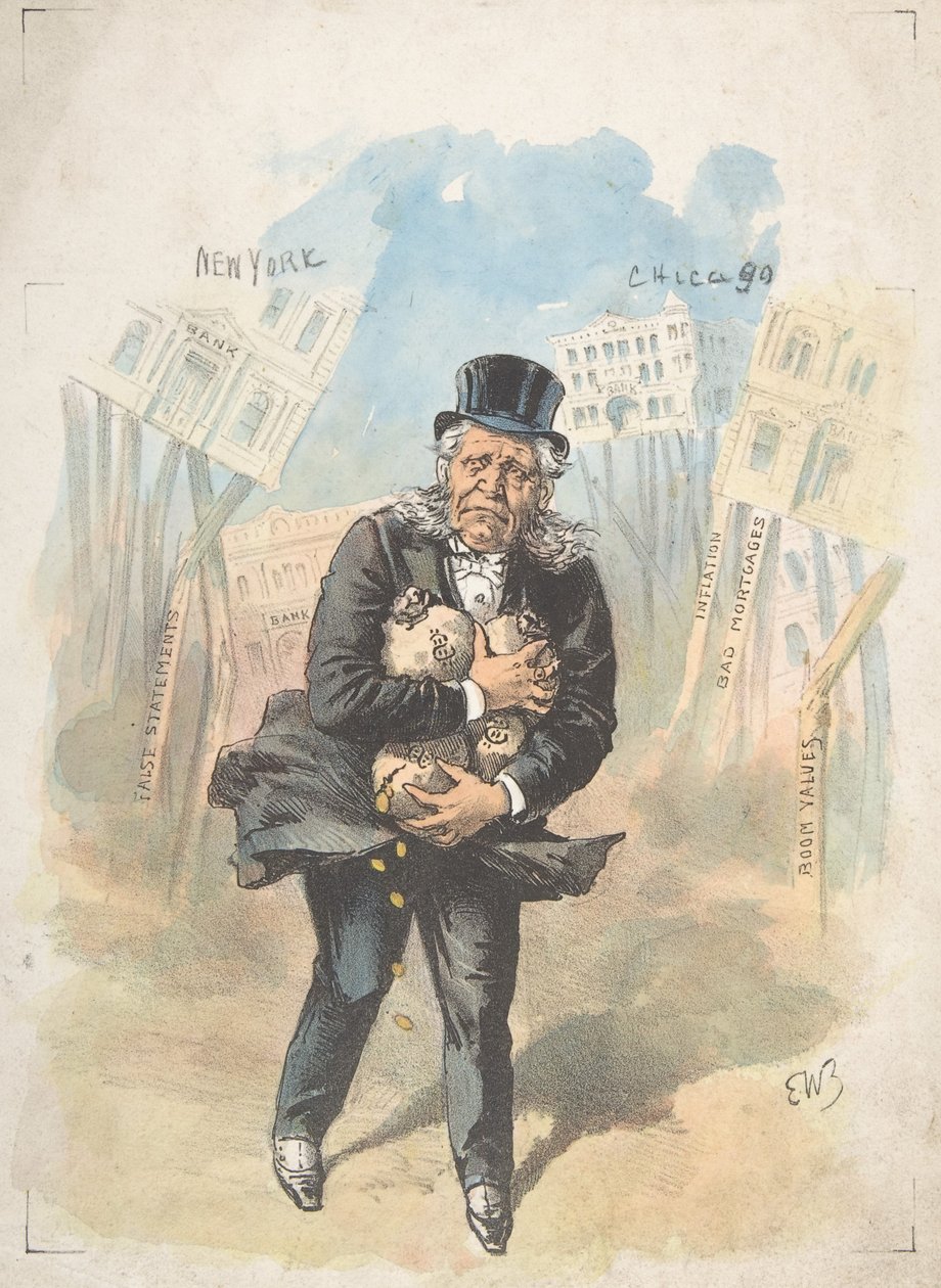 Férfi pénzeszsákokat szorongató, miközben a bankok összeomlanak, 19. század vége – 20. század eleje. alkotó: Emmanuel Wyttenbach