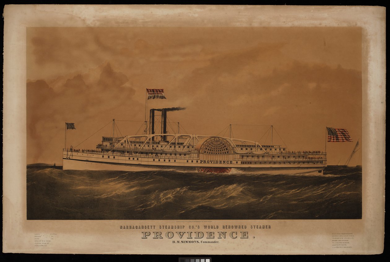 Narragansett steamship Co. világhírű gőzhajója, a Providence B M Simmons. Commander... (litográfia, színes) alkotó: Endicott Endicott