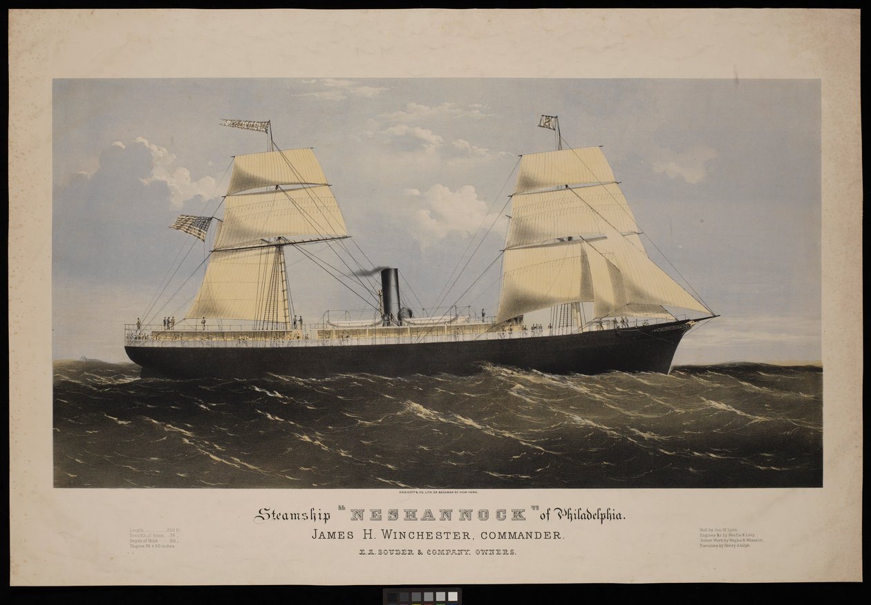Philadelphiai Neshannock gőzhajó. James H Winchester, parancsnok. E A Souder  Company, tulajdonosok (litográfia, színes). alkotó: Endicott Endicott