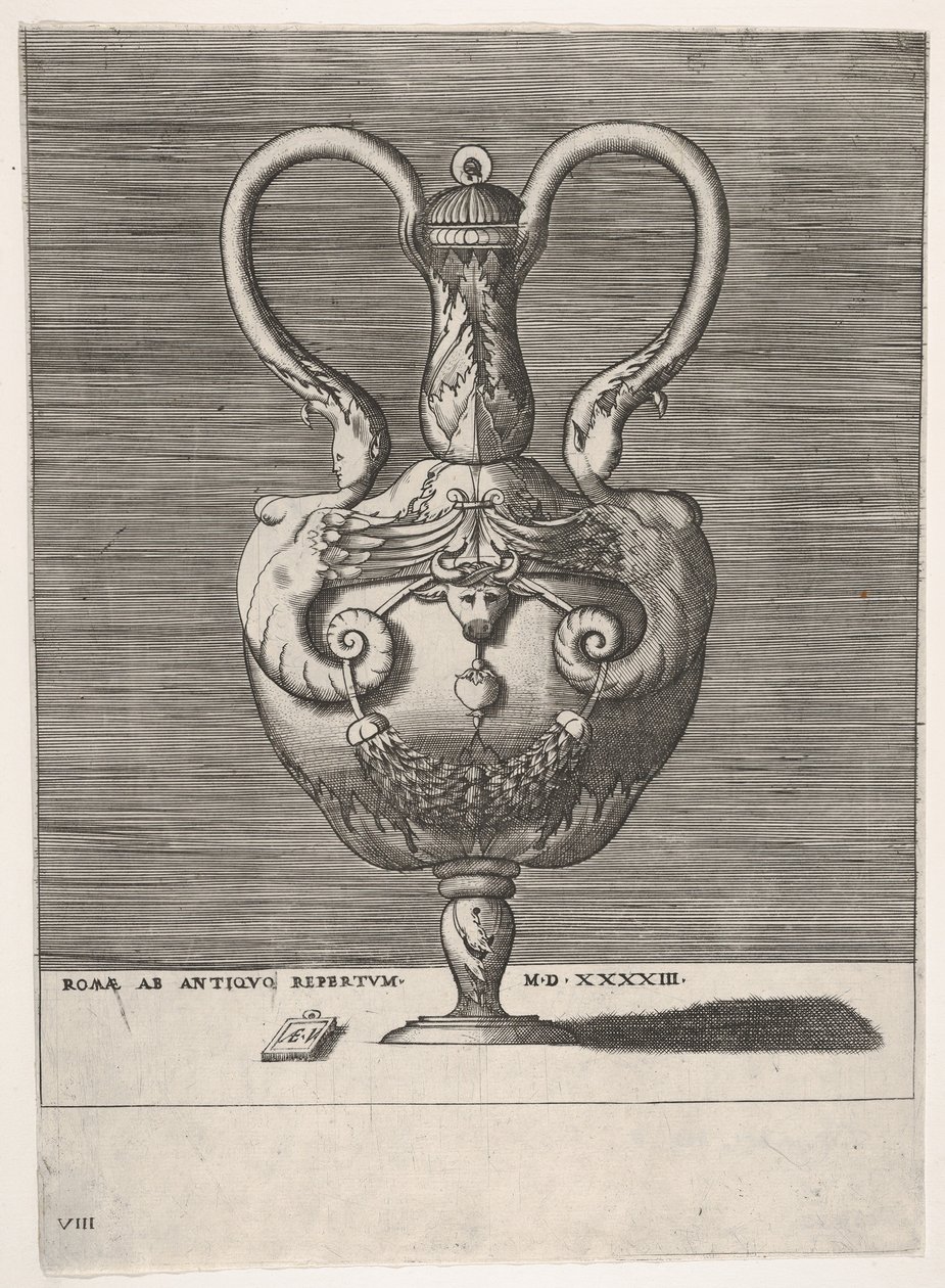 Antik fedeles váza, két fogantyúval, amelyek a hibrid női Sph... fejéből emelkednek ki, 1543 vagy azután. alkotó: Enea Vico