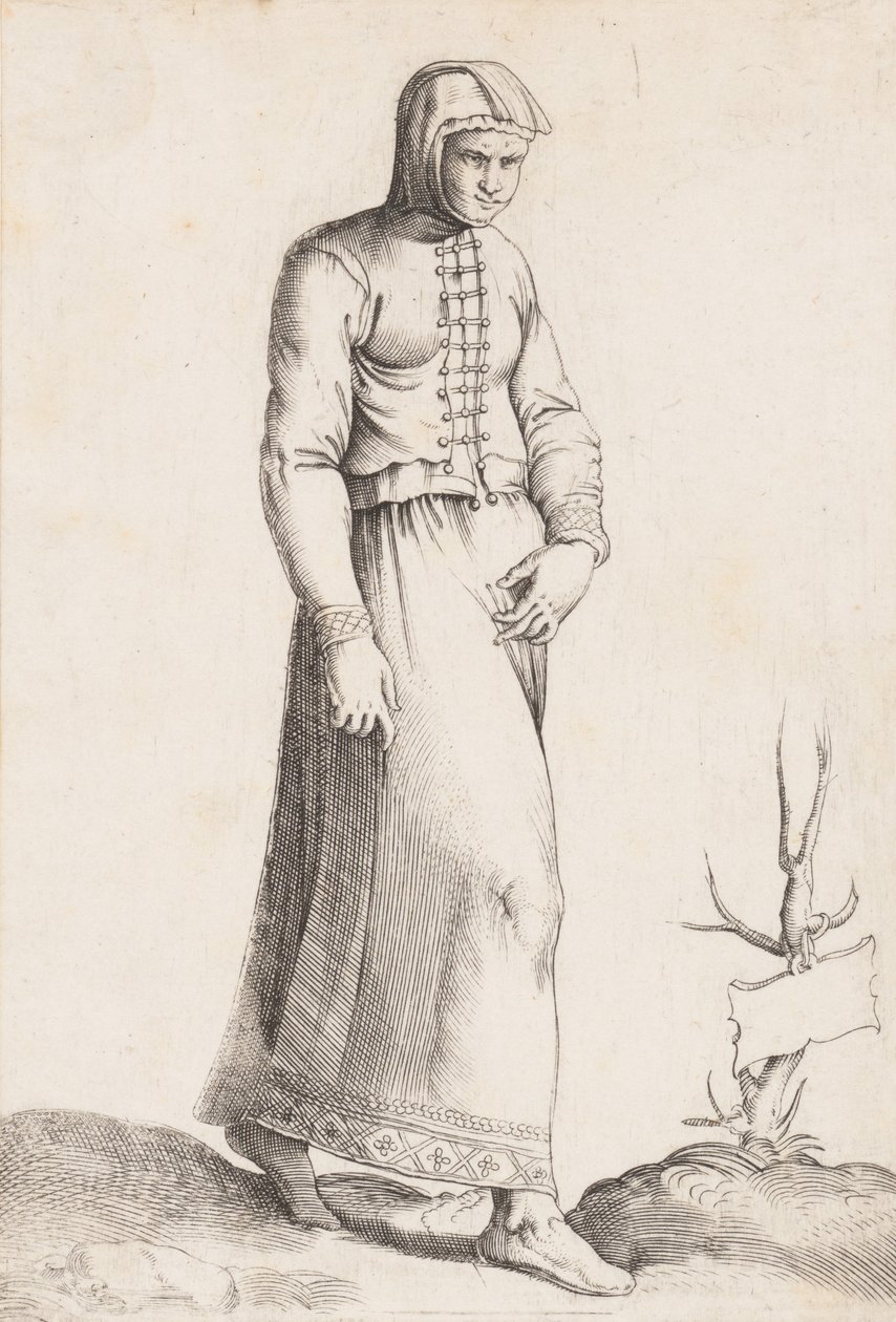 Jelmeztál: Nő kapucnis ruhával, kb. 1557-58. alkotó: Enea Vico