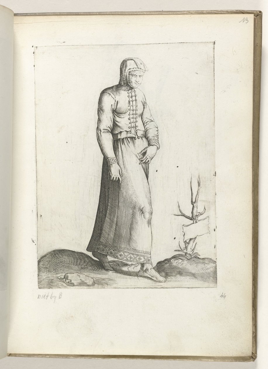Een vrouw uit Spanje, gekleed volgens de mode van ca. 1550 Korunk különböző nemzeteinek attitűdjei (sorozat címe) alkotó: Enea Vico