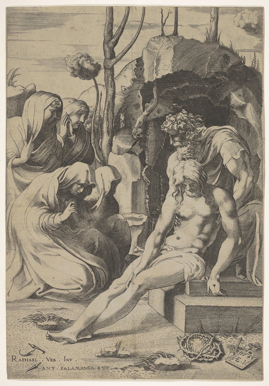 Krisztus síremléke, akinek mellkasát Arimatheai József fogja meg, két térdelt és..., 1543. alkotó: Enea Vico