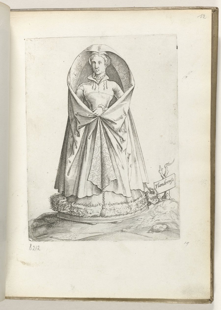 Flandria (cím a tárgyon) Een vrouw uit Vlaanderen, gekleed volgens de mode van ca. 1550 Korunk különböző nemzeteinek attitűdjei (sorozat címe) alkotó: Enea Vico