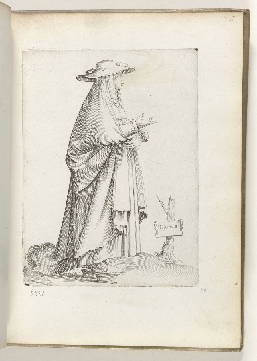 spanyol m(ulier) (cím a tárgyon) Vrouw naar rechts, spanyol nyelven: kleding. kb. 1550 Korunk különböző nemzeteinek attitűdjei (sorozat címe) alkotó: Enea Vico