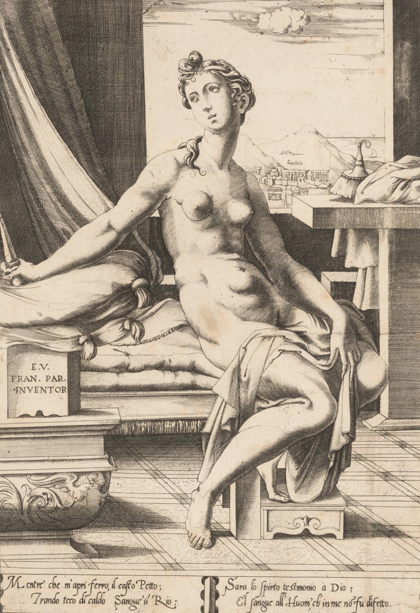 Lucretia öngyilkosságra készül, kb. 1542. alkotó: Enea Vico