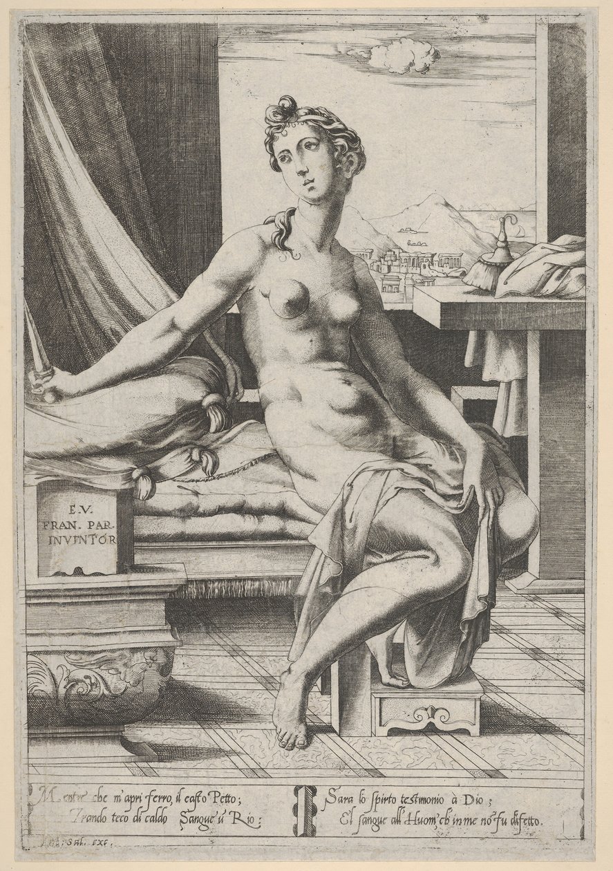 Lucretia meztelenül, az ablak előtt ül, jobb kezében tőrrel, kezében d..., kb. 1535-67. alkotó: Enea Vico