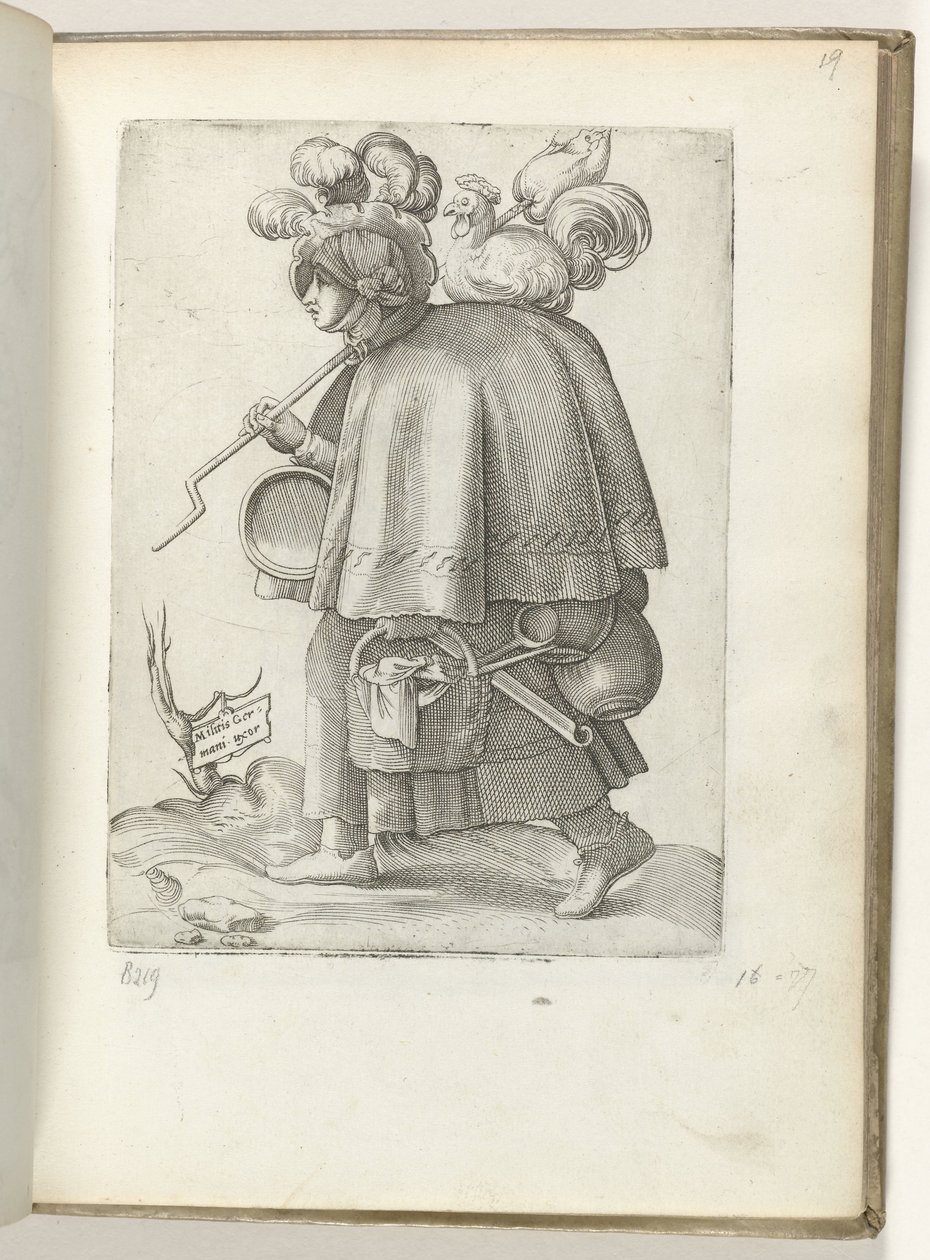 Német katona felesége (cím a tárgyon) Duitse soldatenvrouw, gekleed volgens de mode van ca. 1550 Korunk különböző nemzeteinek hozzáállása alkotó: Enea Vico