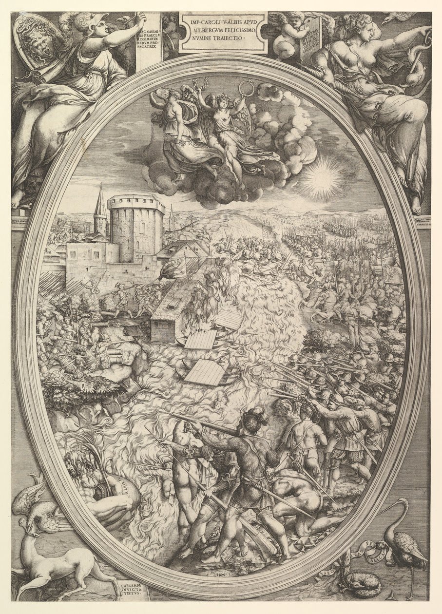 A mühlbergi csata V. Károly seregével az Elba folyón átkelve, 1551. alkotó: Enea Vico