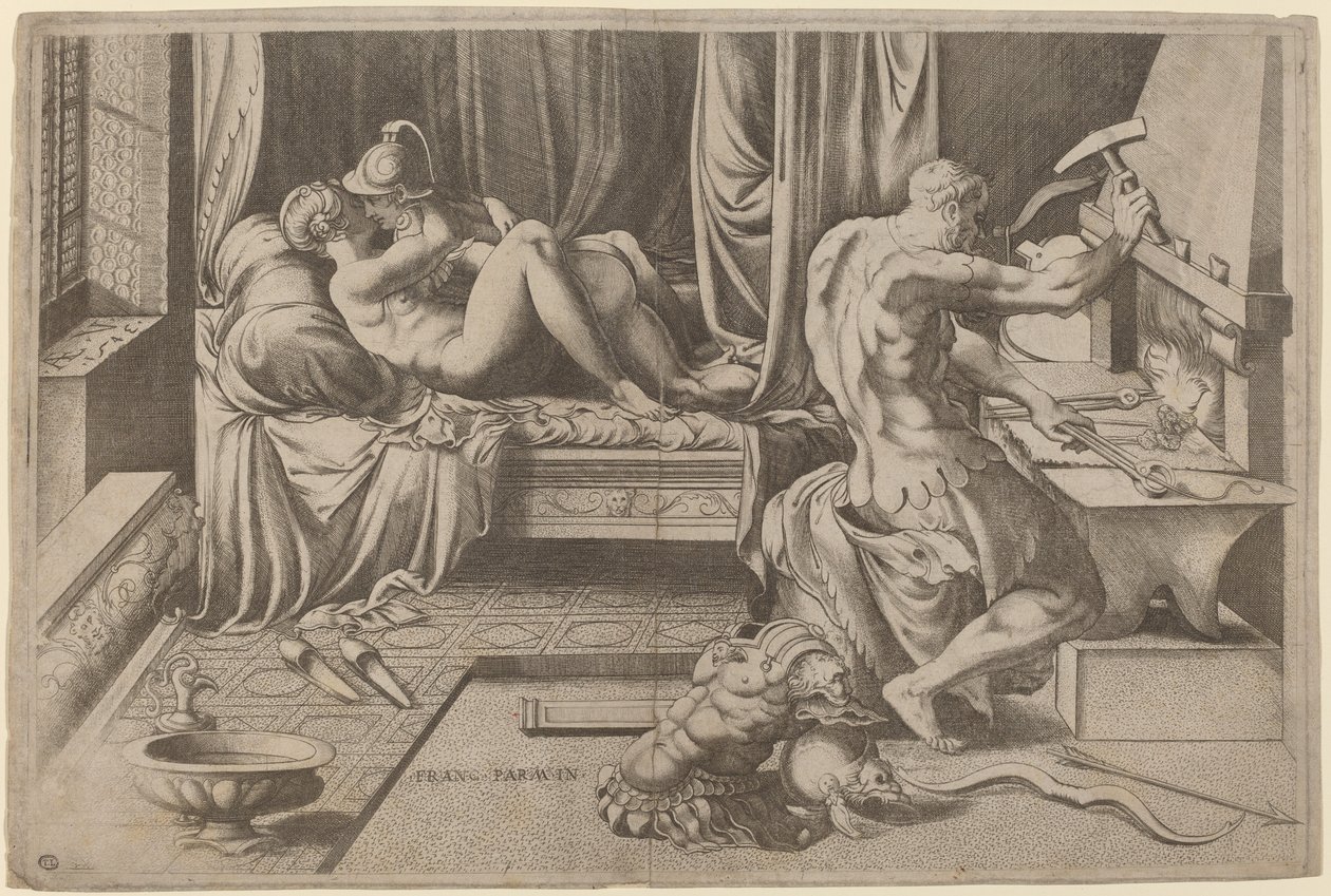 Vénusz és Mars ölelkezik Vulkánnal a kovácsműhelyében alkotó: Enea Vico after Parmigianino