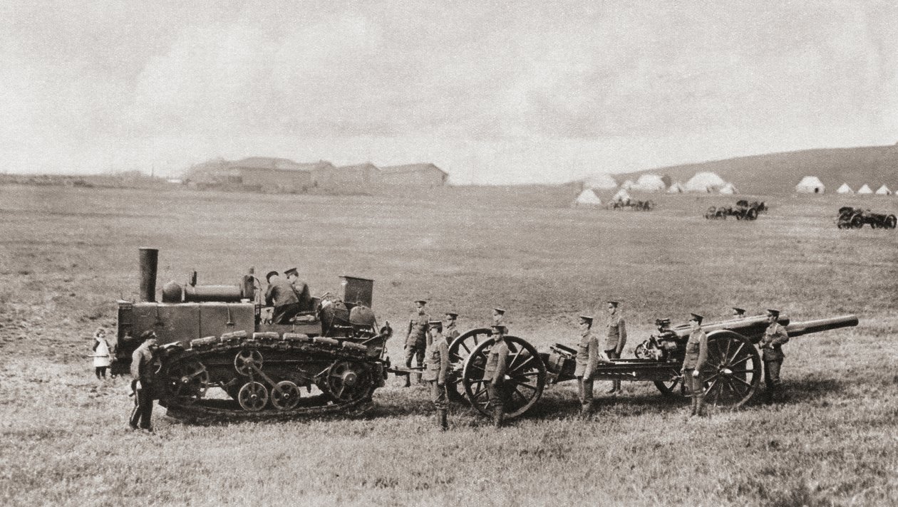 Egy hernyókerekes vontatómotor, amely brit nehézpuskát rajzol az I. világháború alatt, a The Illustrated War News-ból, 1915 alkotó: English Photographer