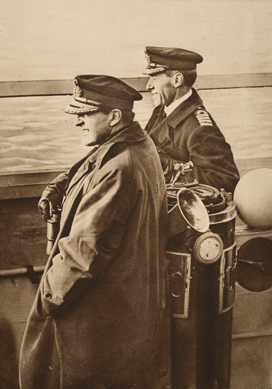 Beatty admirális, Chatfield zászlós kapitánnyal, a német flotta feladását nézi, 1918 (szépia fotó) alkotó: English Photographer