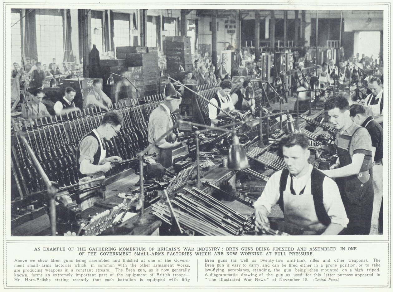 Az 1939. november 22-én megjelent The Illustrated War News-ból a Bren-fegyverek elkészülnek és összeszerelése az egyik kormány kézifegyver-gyárában alkotó: English Photographer