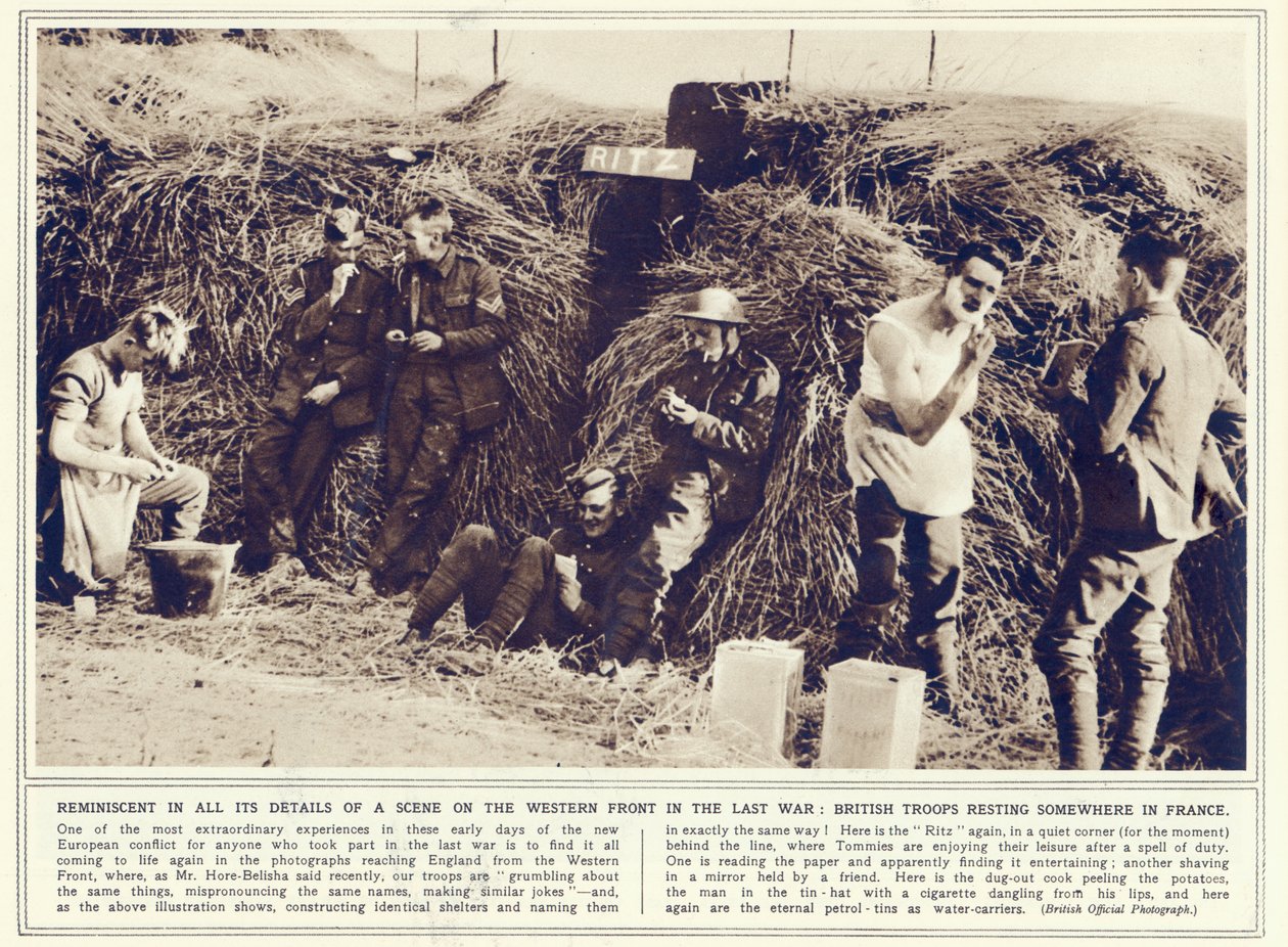 Brit csapatok pihennek valahol Franciaországban, az Illustrated War Newsból, 1939. november 1-jén alkotó: English Photographer