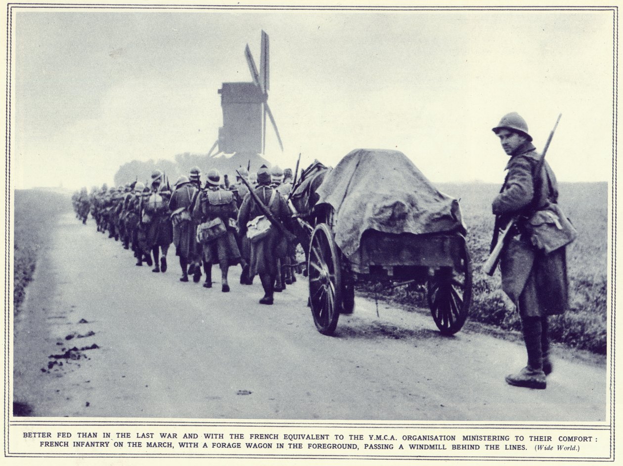 Francia gyalogság menetben, takarmányszállító kocsival az előtérben, a The Illustrated War Newsból, 1939. november 22-én alkotó: English Photographer