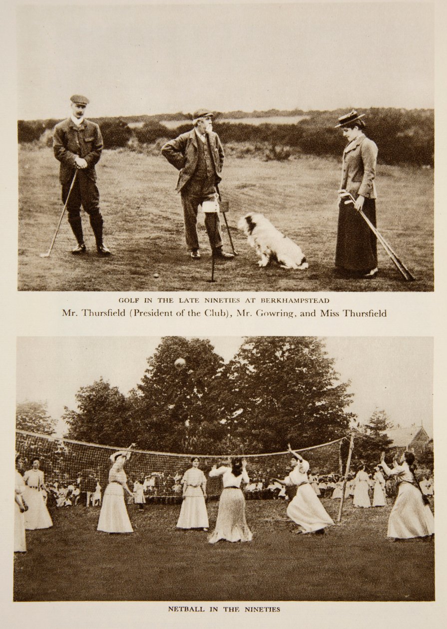 Golf a 90-es évek végén Berkhampsteadben és Netball a 90-es években, fényképek a The Timesból az 1890-es évekből (szépia fotó) alkotó: English Photographer