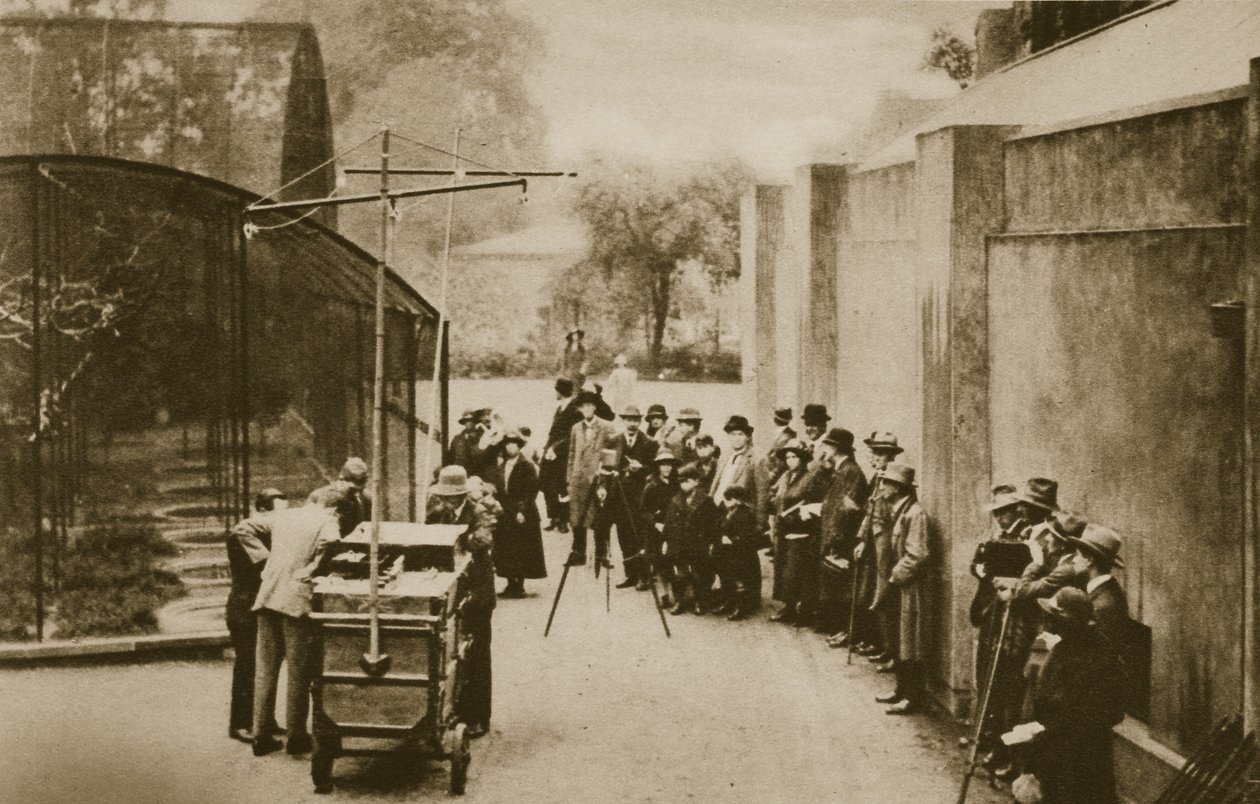 A British Broadcasting Corporation tisztviselői arra készülnek, hogy zajokat sugározzanak a Londoni Állatkert madárházából (szépia fotó) alkotó: English Photographer