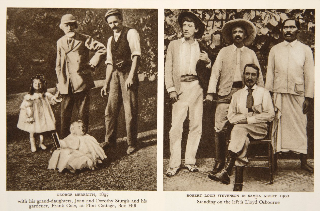 George Meredith és Robert Louis Stevenson portréi, fényképek a The Timesból, 1890-es évek (szépia fotó) alkotó: English Photographer