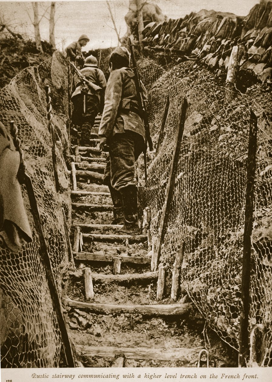 Rusztikus lépcsőház magasabb szintű árokkal összeköttetésben a francia fronton, 1914-19 alkotó: English Photographer