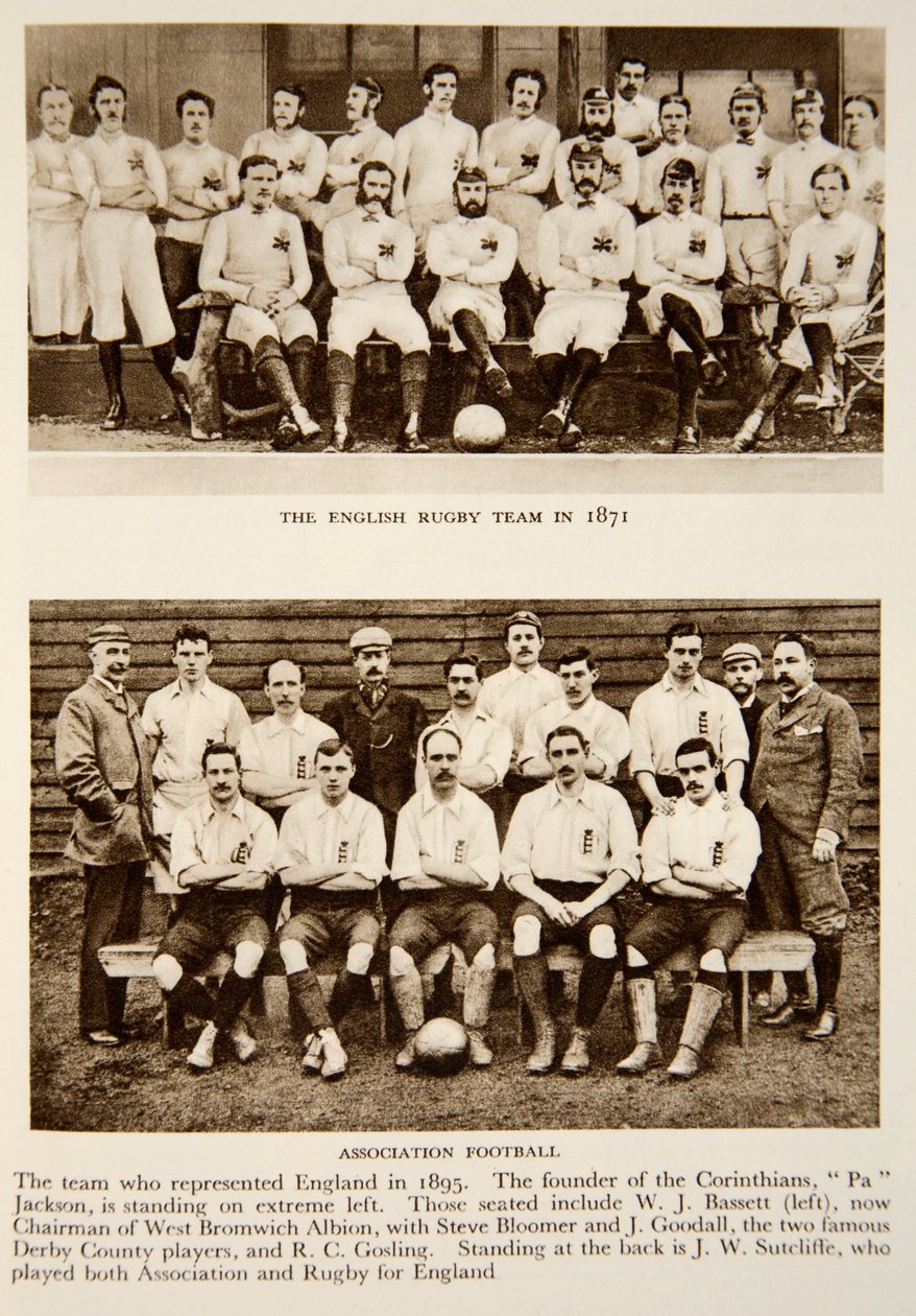 Az angol rögbicsapat 1871-ben és az Association Football képviselői 1895-ben, fényképek a The Times-ból (fotogravír) alkotó: English Photographer