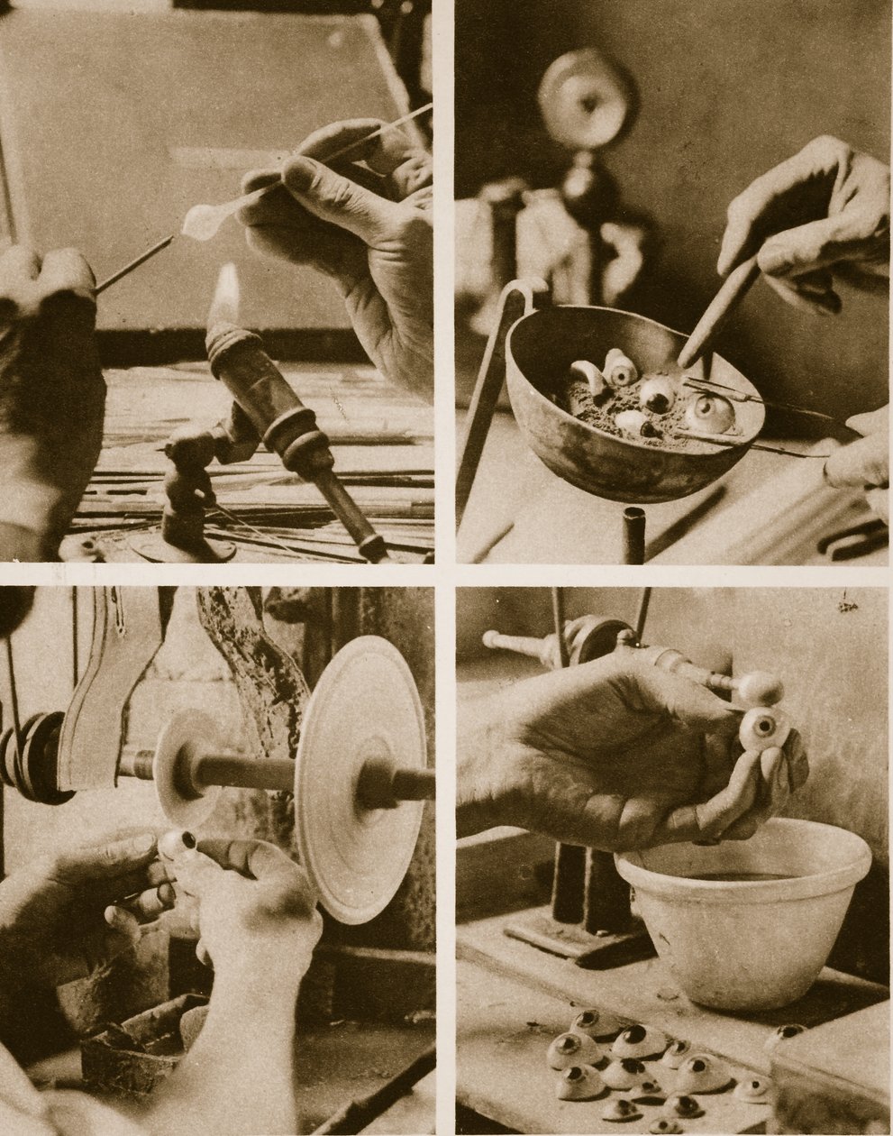 Színes üveg szemgolyók készítésének folyamata az első világháború hazatérő katonái számára (szépia fotó) alkotó: English Photographer
