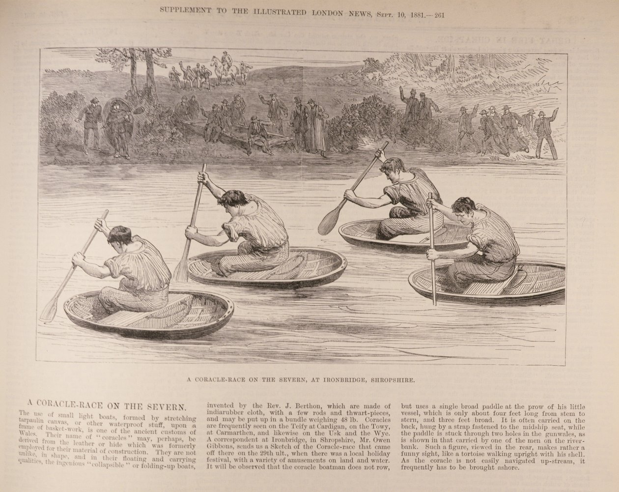 Coracle Race a Severn-en Ironbridge-ben, Shropshire-ben, a „The Illustrated London News”-ból, 1881. október 9. alkotó: English School