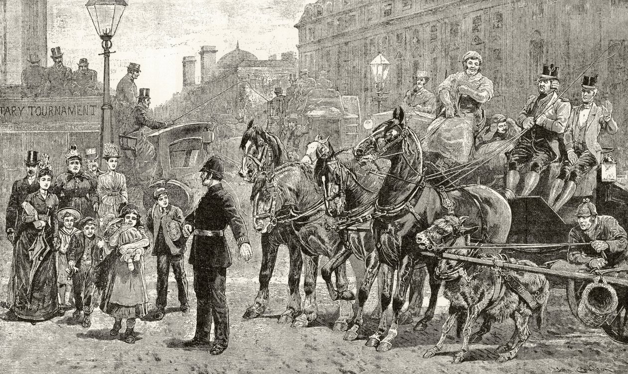 Egy zsúfolt átkelő egy londoni utcán, a "London Pictures: Drawn with Pencil" című filmből, Richard Lovett tiszteletestől, 1890-ben alkotó: English School