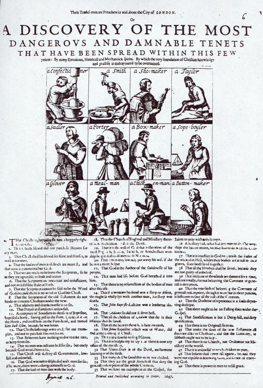 "A legveszedelmesebb és legátkozottabb tantételek felfedezése, amelyek e néhány emberen belül elterjedtek", 1647-ben jelent meg. alkotó: English School