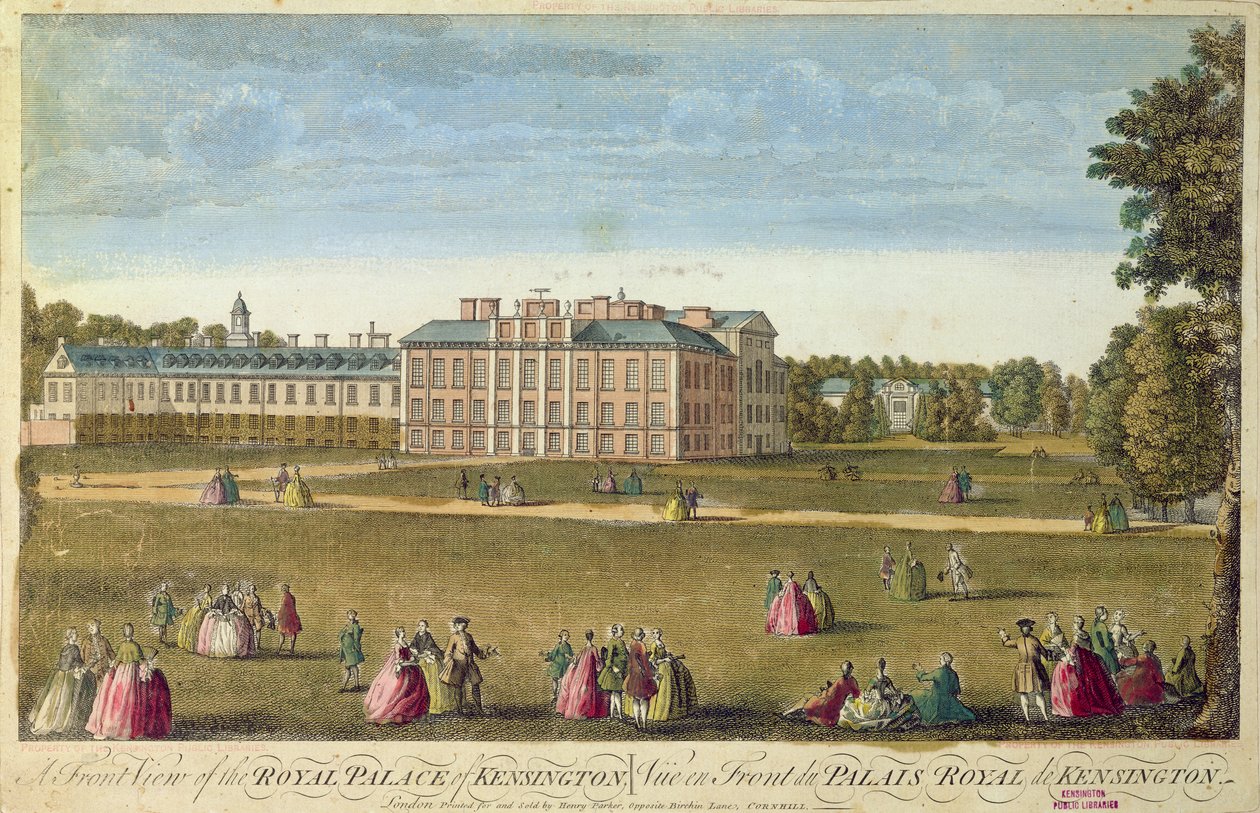 A Kensingtoni Királyi Palota elölnézete (színes rézkarc) alkotó: English School