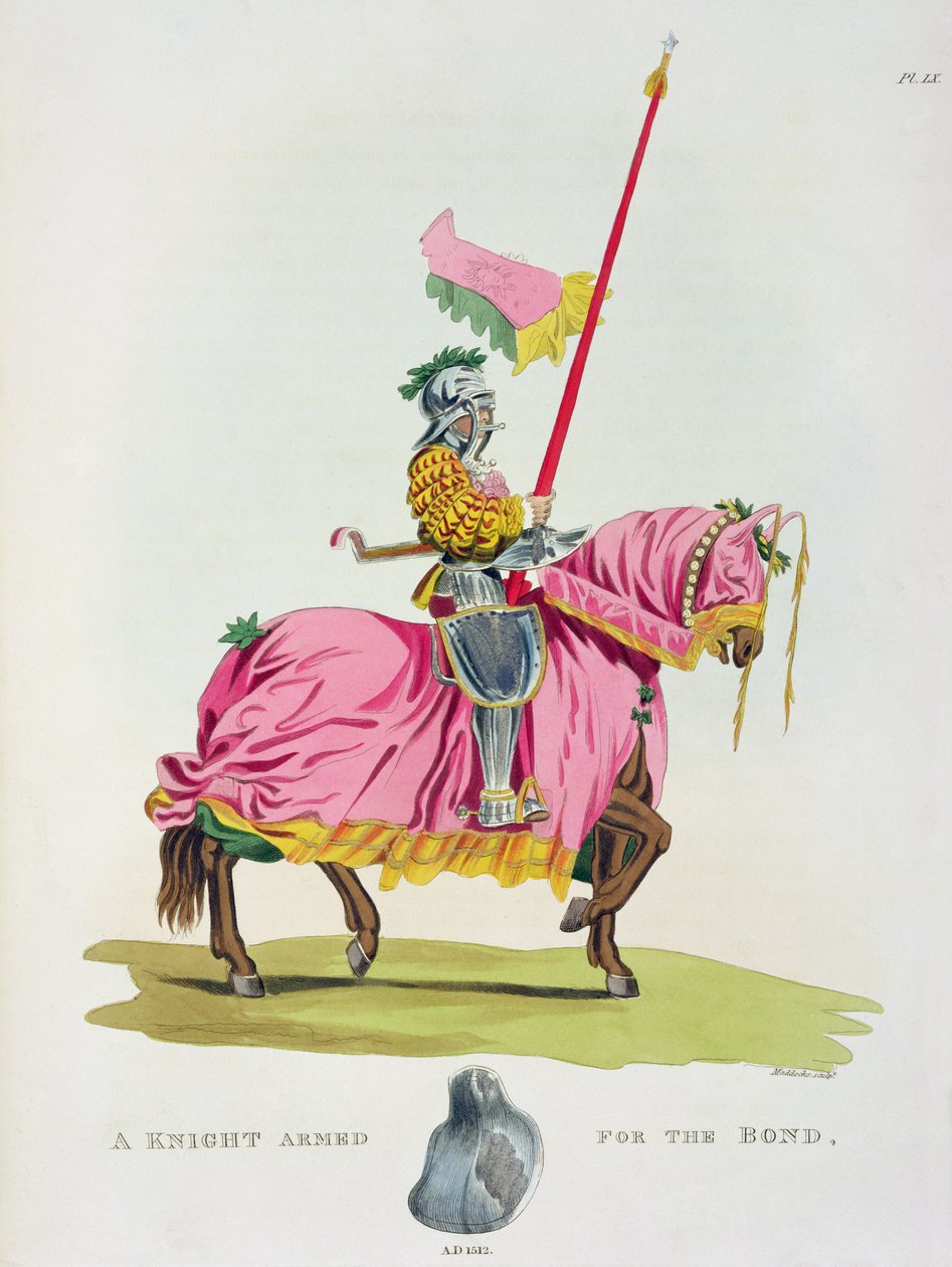 A kötelékre felfegyverzett lovag, 1512, W. Maddocks metszete, Samuel Rush Meyrick „Ancient Armour” című művéből, 1824 alkotó: English School