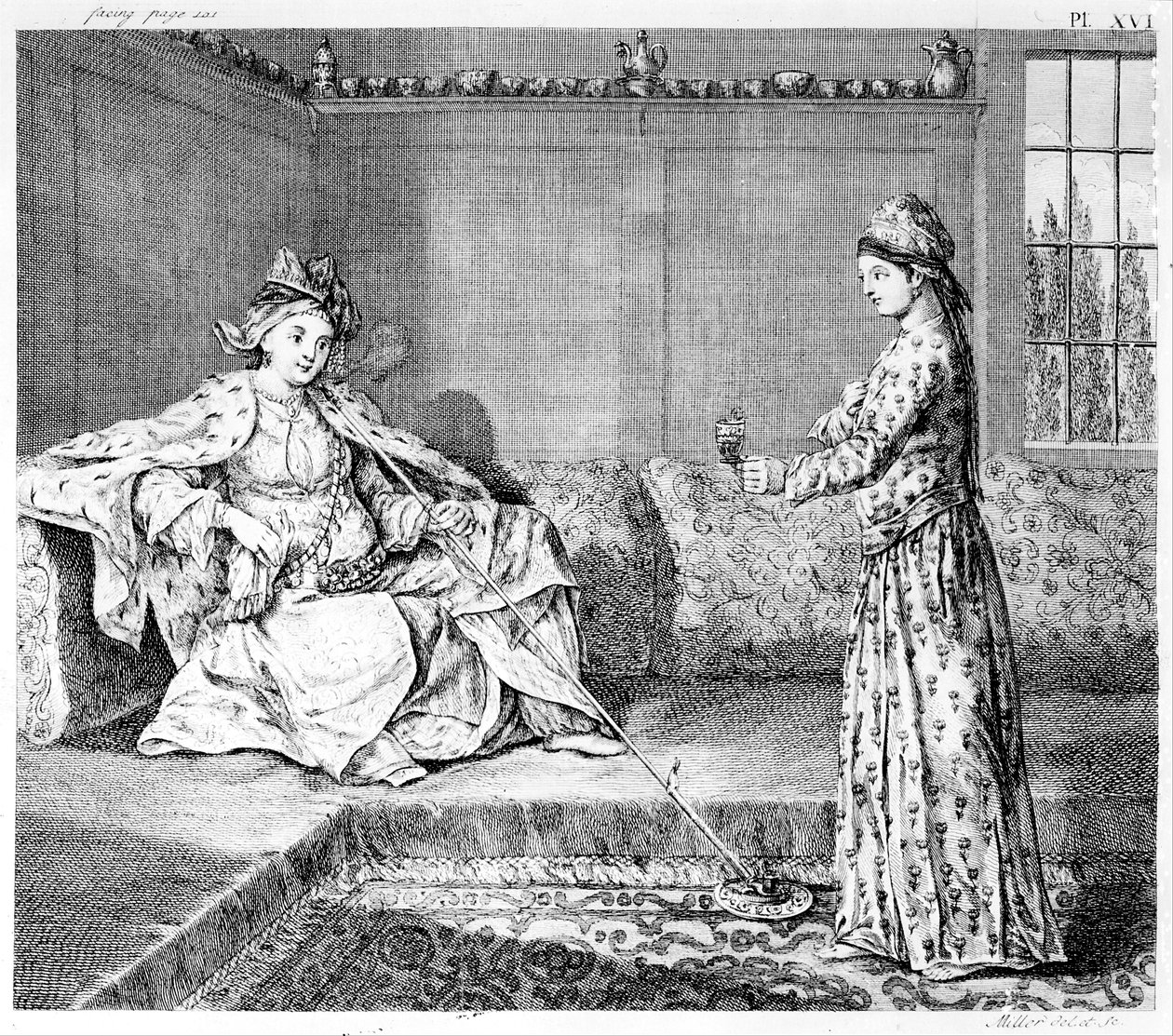Egy aleppói hölgy pipával, illusztráció Alexander és Patrick Russell „Aleppó természetrajza” című művéből, 1794-ben alkotó: English School
