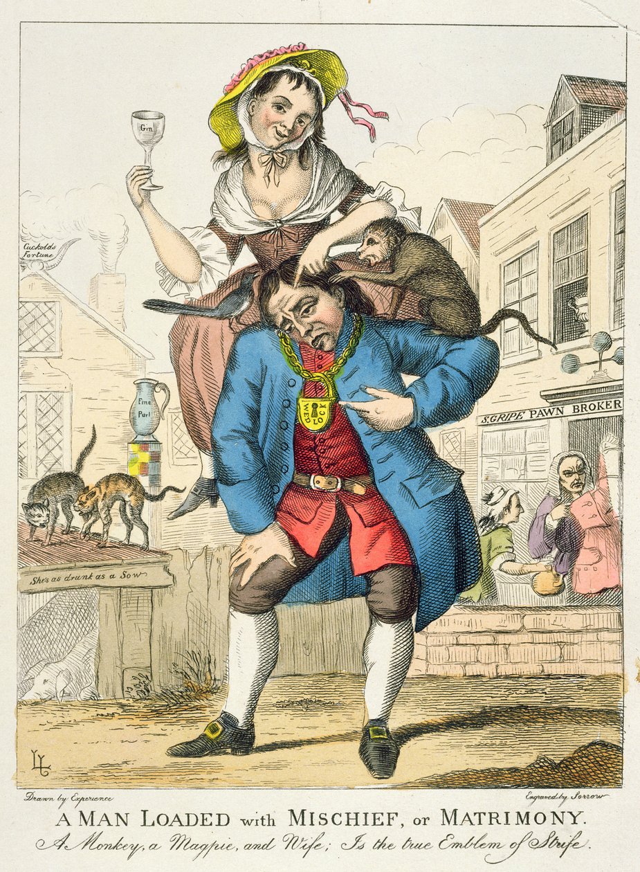 Egy csínytevéssel terhelt férfi, avagy házasság, 1766 körül (színes metszet) alkotó: English School