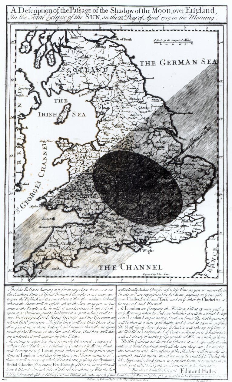 Egy térkép, amely a Hold árnyékának áthaladását mutatja Anglia felett 1715. április 22-én, John Senex metszetével, 1715 alkotó: English School
