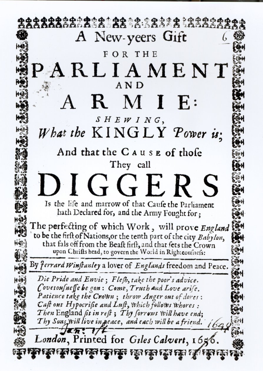 1650-ben megjelent újévi ajándék a parlamentnek és a hadseregnek, bemutatva, mi a királyi hatalom és mi az oka azoknak, akiket ásóknak hívnak. alkotó: English School