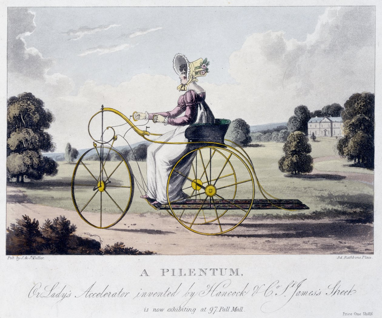 Pilentum vagy Ladys Accelerator, amelyet a Hancock & Co talált fel, St. Jamess Street, 1820 körül (színes akvatinta) alkotó: English School