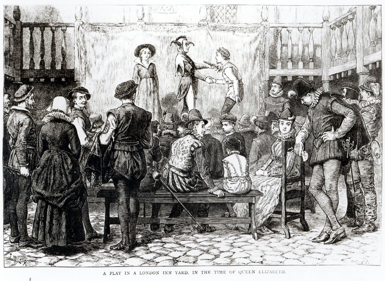 Színjáték a londoni fogadó udvarán Erzsébet királynő idejében, Joseph Swain (1820-1909) metszetében alkotó: English School
