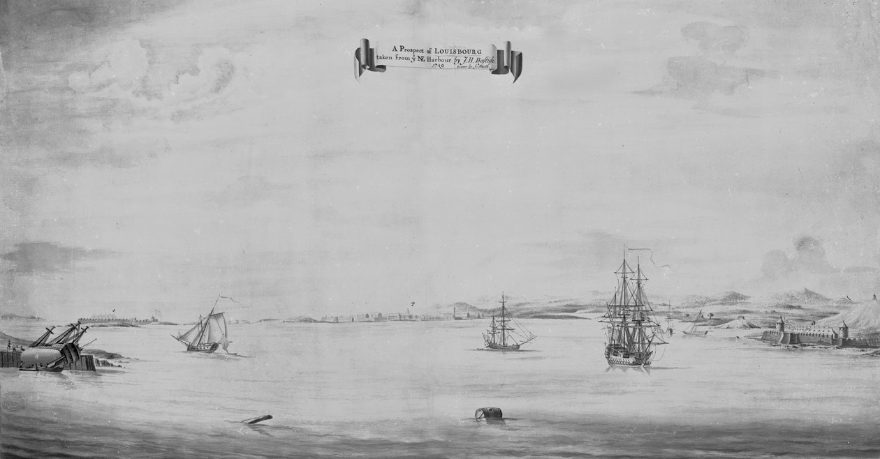 Louisbourg kilátása az ÉK-i kikötőből, 1749 alkotó: English School