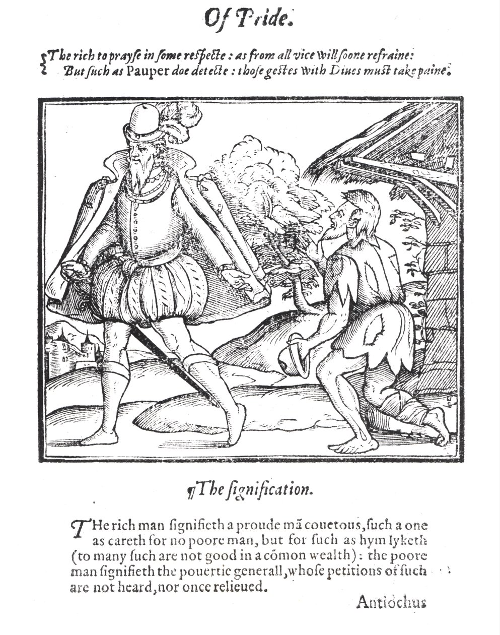 Egy gazdag ember megtagad egy rongyos koldust, Stephen Bateman „A Christall Glass of Christian Reformation” című művéből, 1569 alkotó: English School