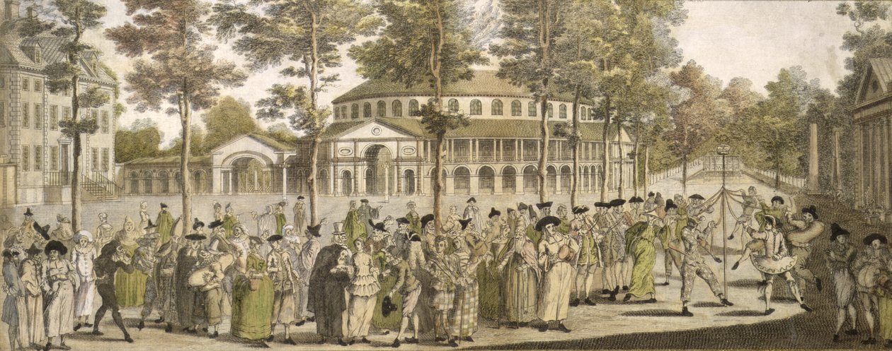 Látvány a Ranelagh Gardensben, háttérben a Rotundával, 18. század közepe (színes metszet) alkotó: English School