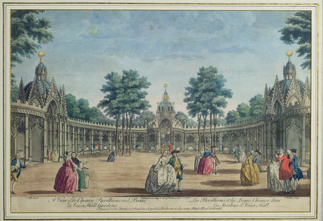Kilátás a kínai pavilonokra és dobozokra a Vauxhall Gardensben, 1751 (színes metszet) alkotó: English School