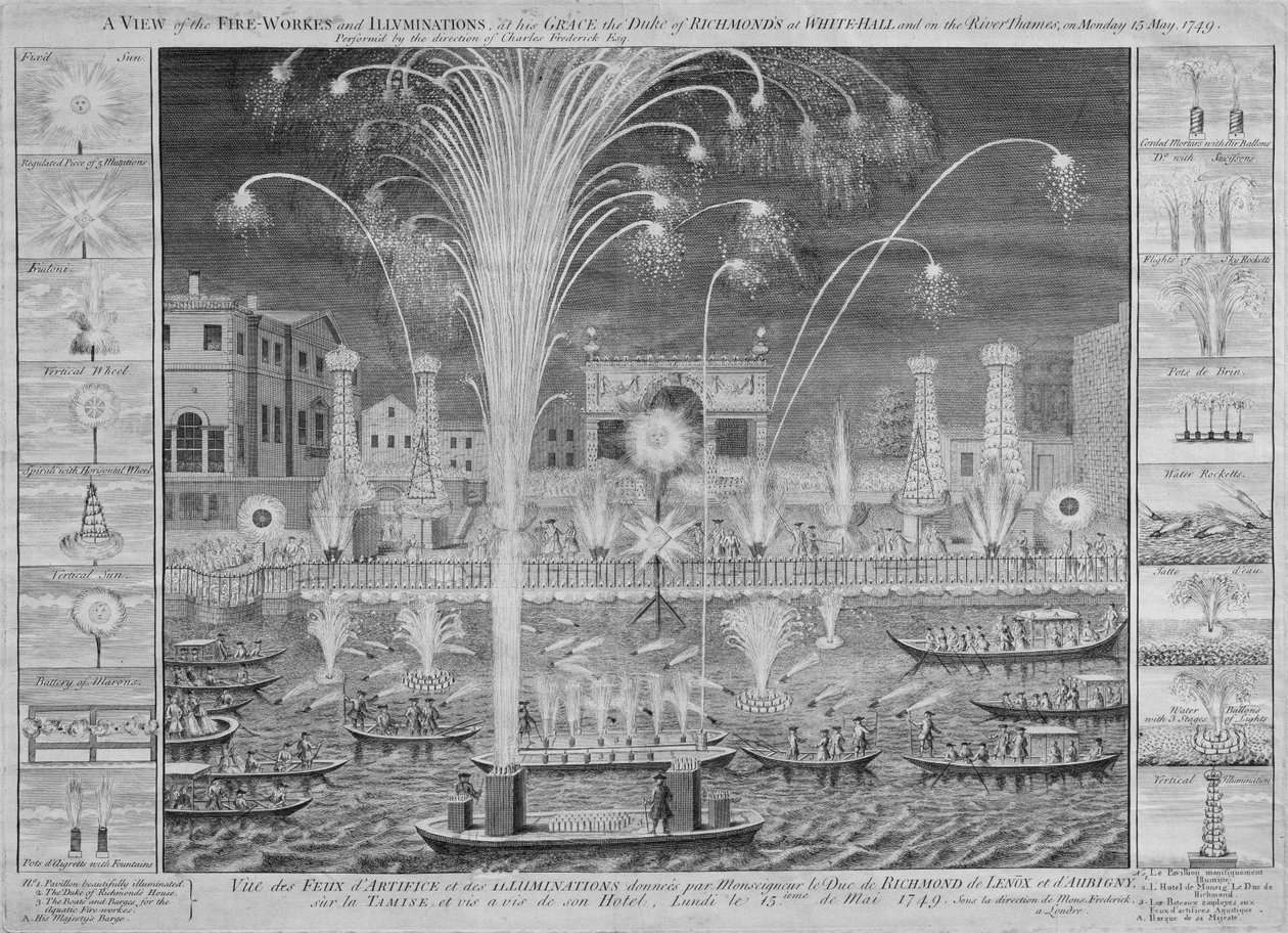 Kilátás a tűzijátékról és a megvilágításról az ő kegyeiből, Richmonds hercege a Whitehallban és a Temzén, 1749. május 15-én, hétfőn (lásd még: 8450) alkotó: English School
