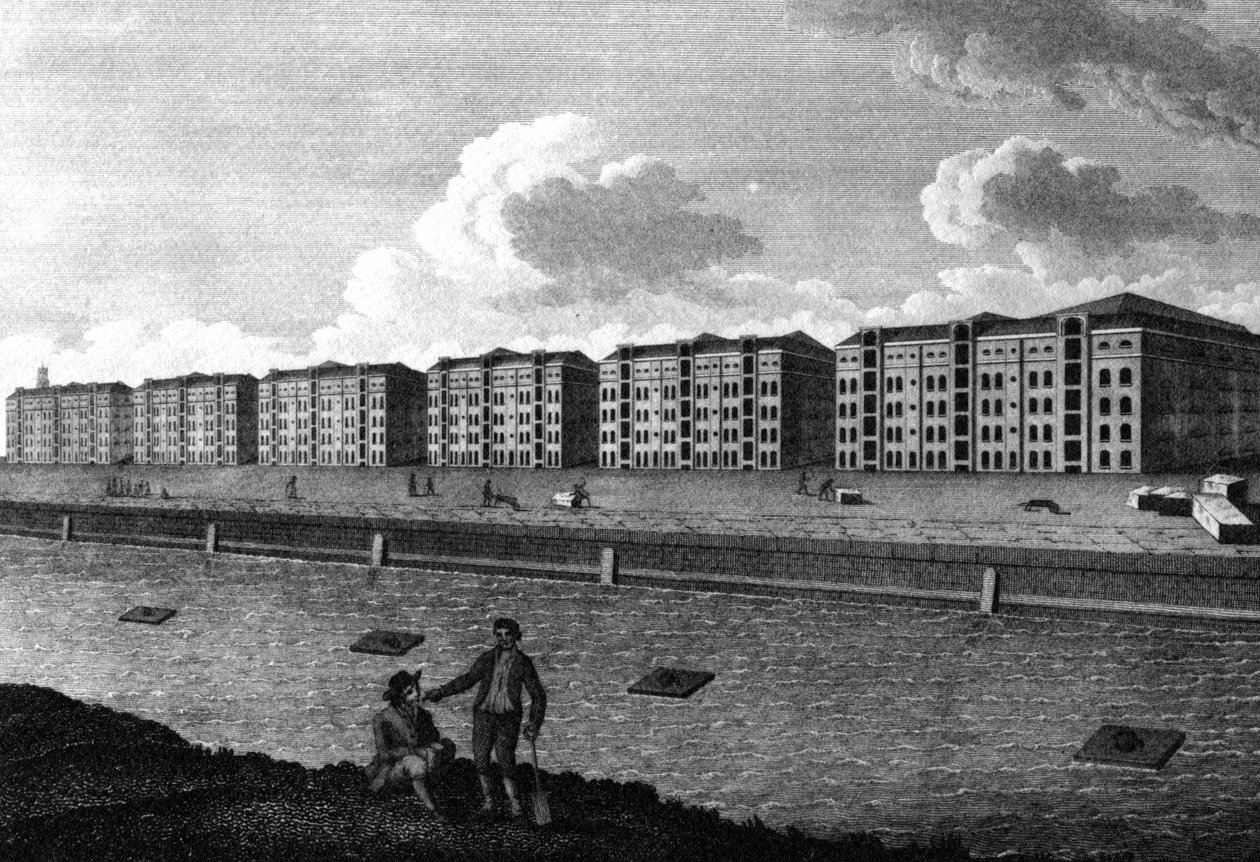 Kilátás a raktárakra és a nyugat-indiai dokkra, 1803 alkotó: English School