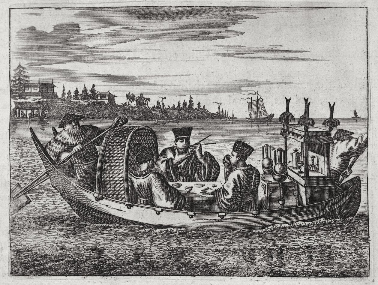 Egy gazdag mandarin étkezés egy csónakban, illusztráció a kínai nagykövetségek leírásából, 1690 alkotó: English School