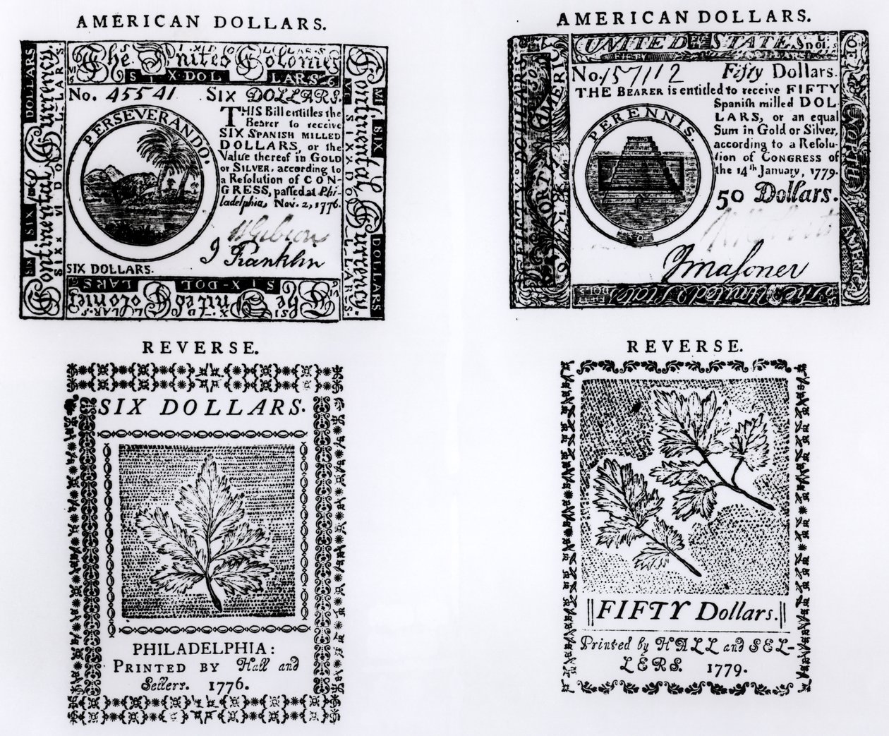 Egy 1776-os gyarmati hatdolláros bankjegy és egy 1779-es amerikai ötvendolláros bankjegy alkotó: English School