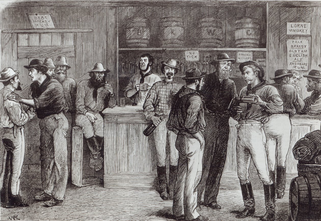 „Általános kiáltás” egy bokor kocsmában, 1878 alkotó: English School
