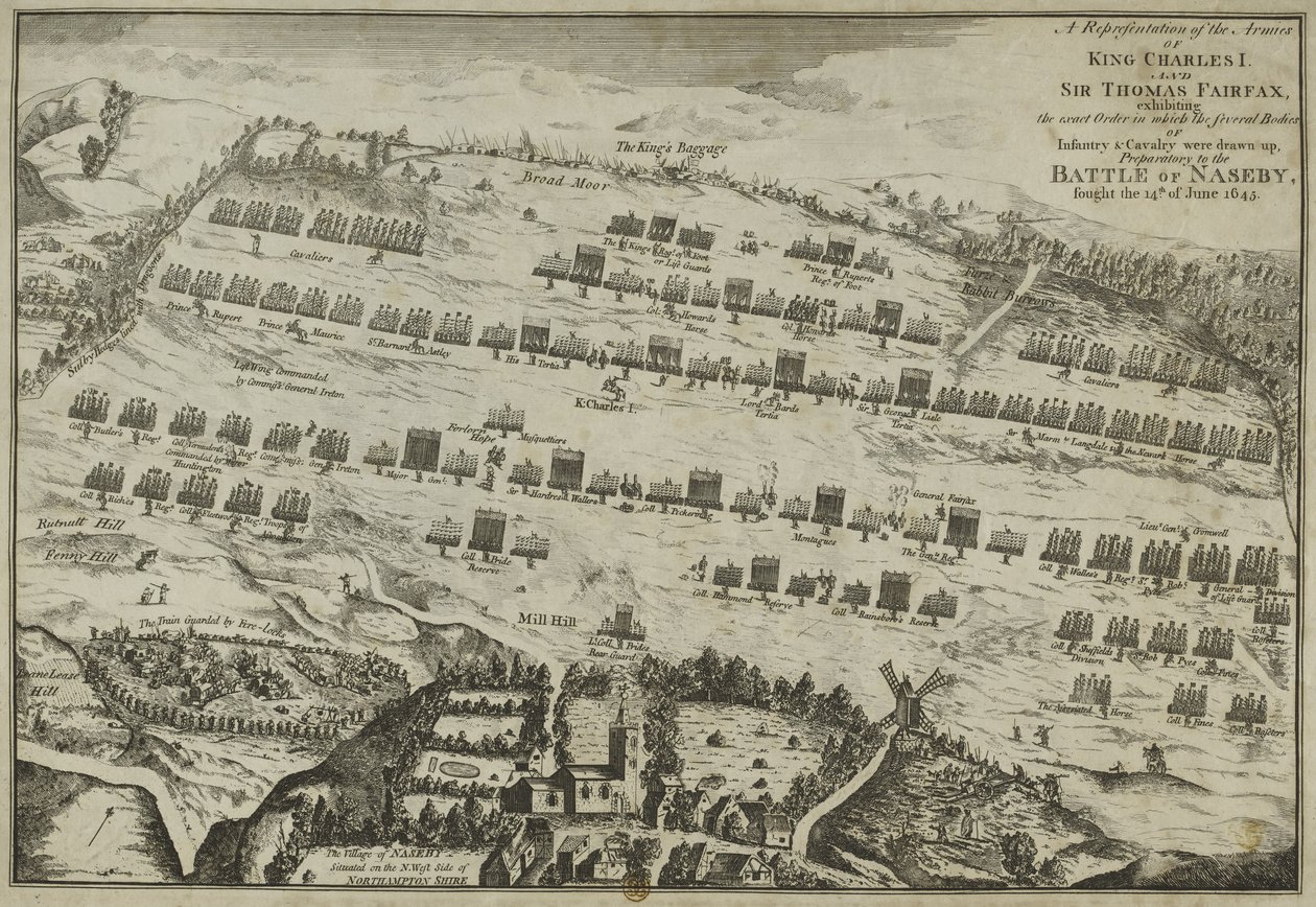 I. Károly király és Sir Thomas Fairfax seregeinek ábrázolása a pontos sorrend bemutatásával, az 1645-ös nasebyi csata előkészítéseként alkotó: English School