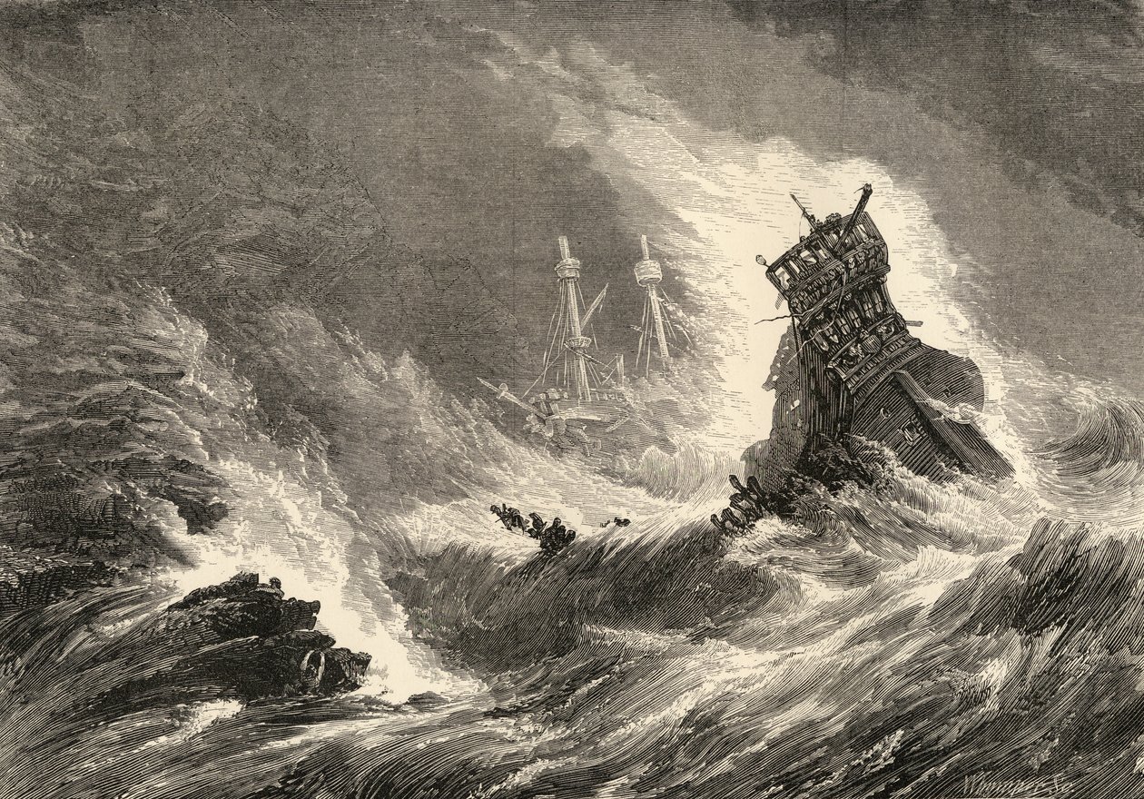A spanyol Armada hajója, tönkrement Írország nyugati partján, illusztrációja a „Spanish Pictures” című művéből, Samuel Manning tiszteletes alkotó: English School