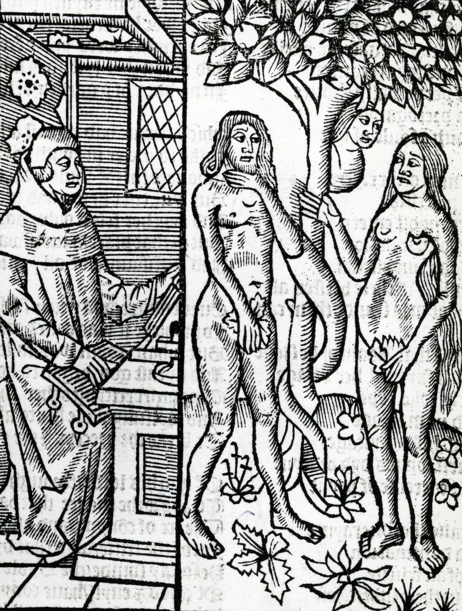 Ádám és Éva, illusztráció John Lydgate fordításából Boccaccio „A jeles férfiak eseteiről” című művéből, 1527 alkotó: English School