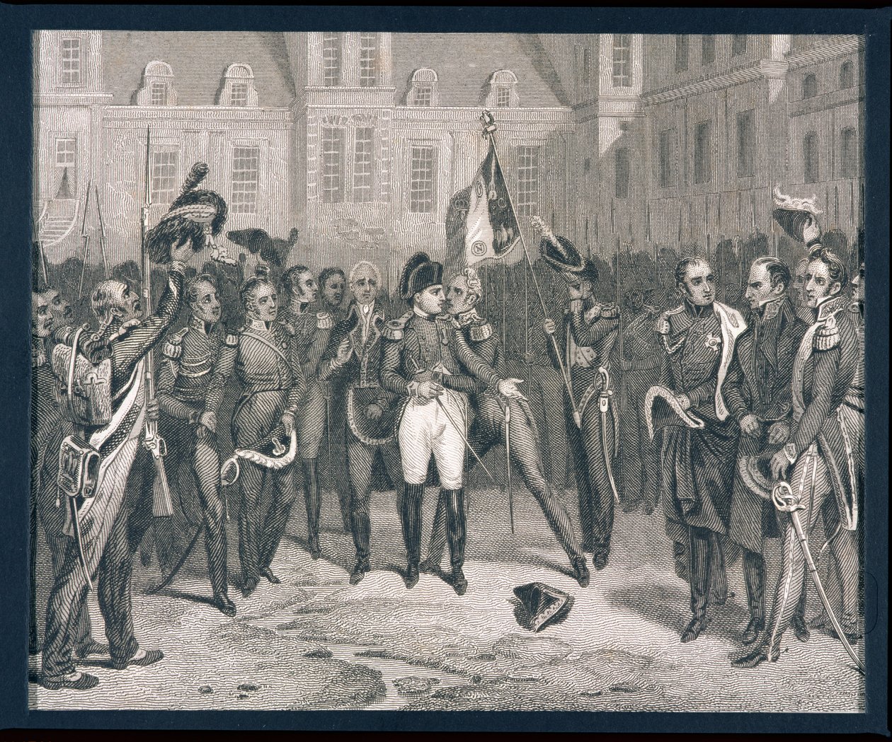 "Adieu Fontainebleau-ban": Napóleon (1769-1821) 1814-ben Fontainebleau-ban búcsút vesz a régi gárdától. alkotó: English School