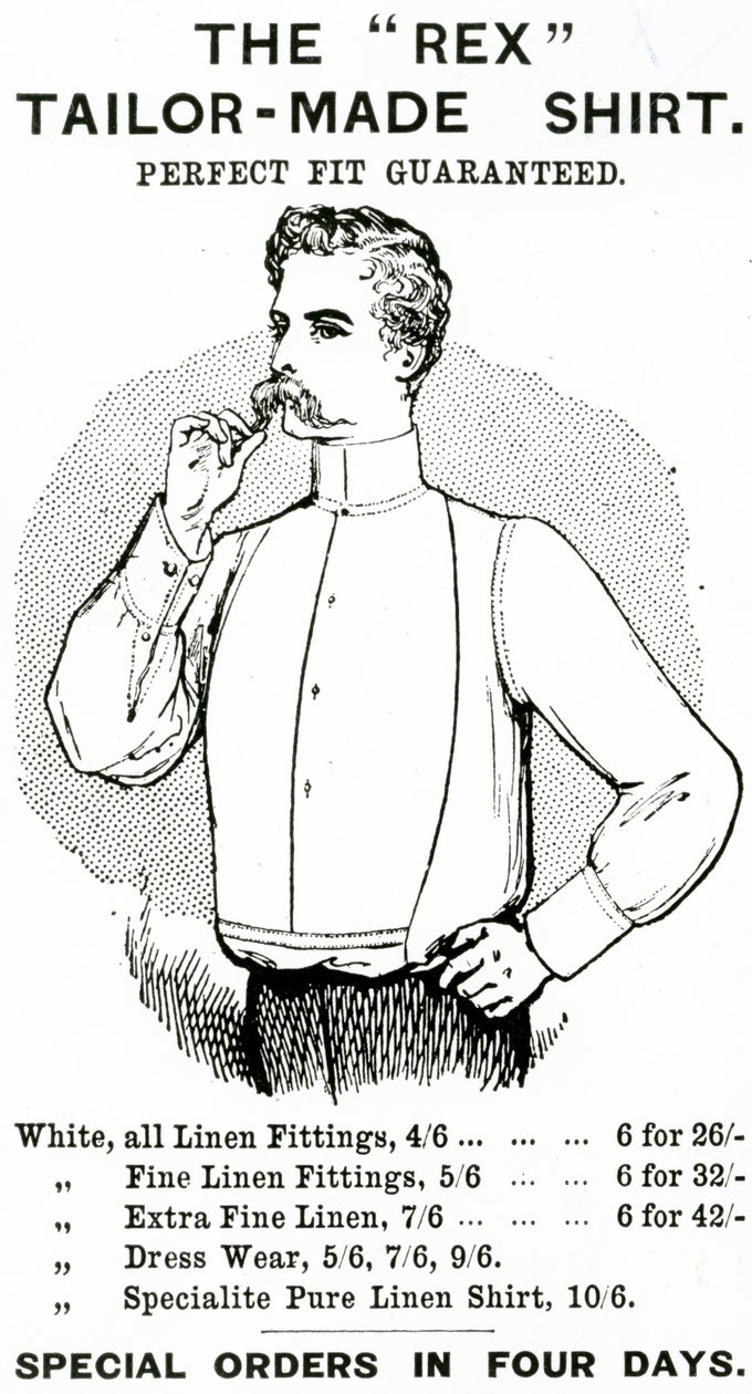 "The Rex Tailor-Made Shirt" hirdetése, 1890 körül (metszet és magasnyomás) alkotó: English School